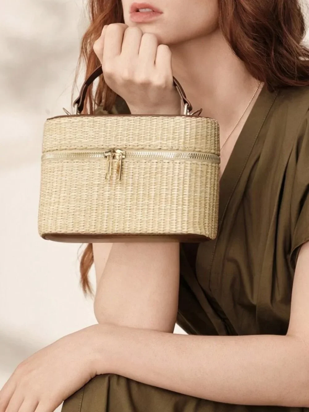 Tan Woven Straw Box Bag with Brown Trim Top Handle